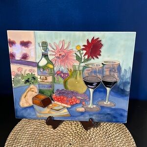 Vintage Hand Painted Wine & Cheese Themed Ceramic Home Decor Wall Hanging